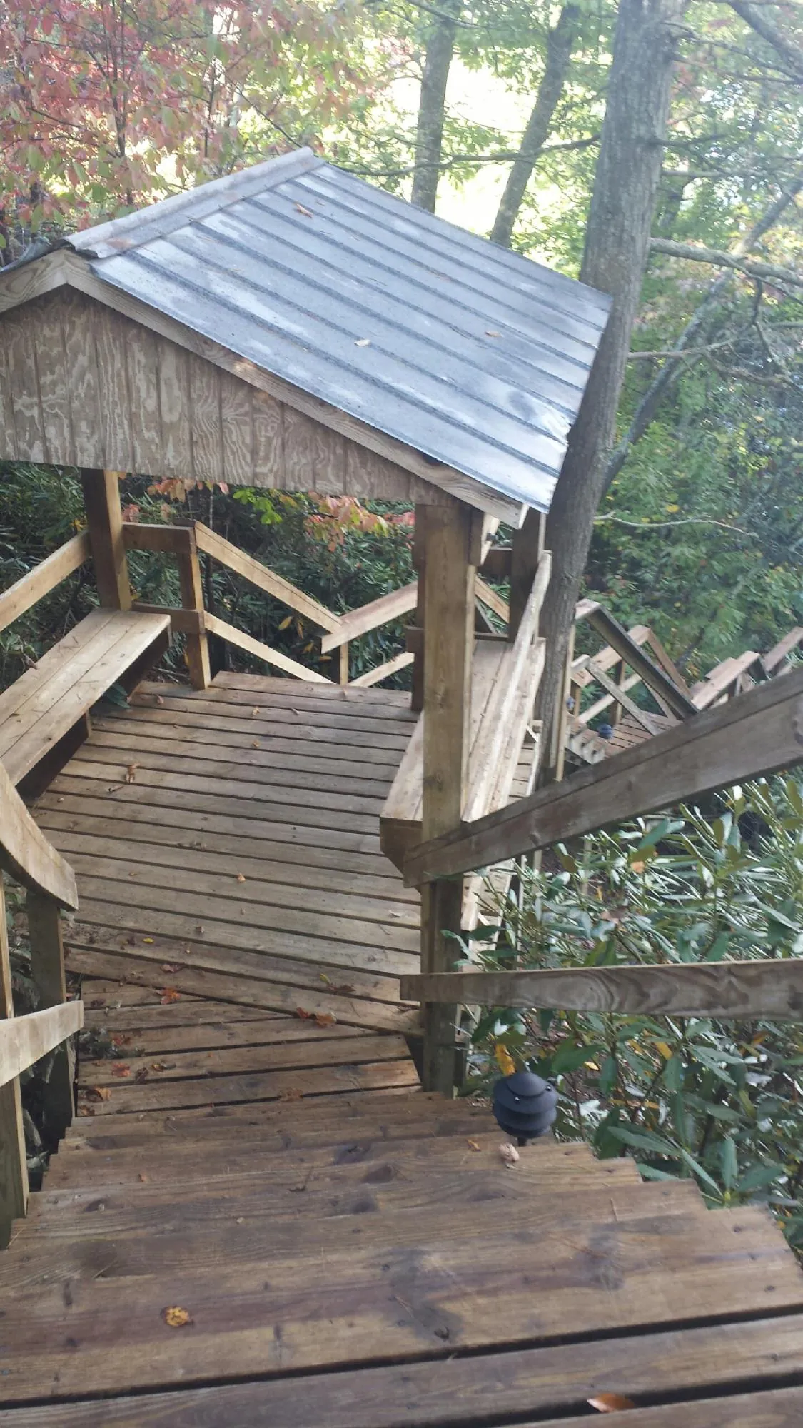 Metal roofed shelter over wooden steps on a wooded walkway — Skylight Repair & Installation work by our crew in Unadilla